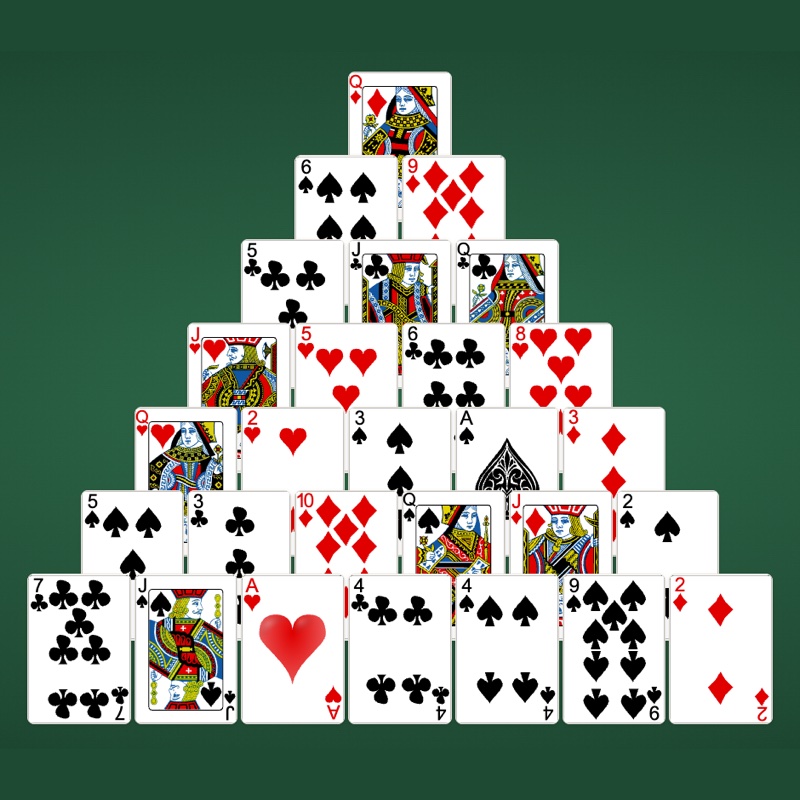 Pyramid Solitaire game in progress — 28 cards dealt in a classic pyramid on green felt, with red and blue card backs visible on the stock pile.